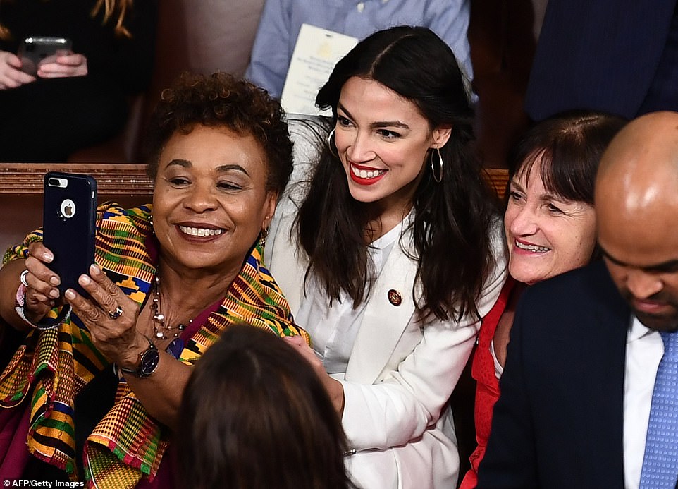 Now on my iPhone: California's Barbara Lee gets a selfie with Alexandria Ocasio-Cortez, the freshman socialist Democrat from New York, and Ann McLane Kuster, from new Hampshire
