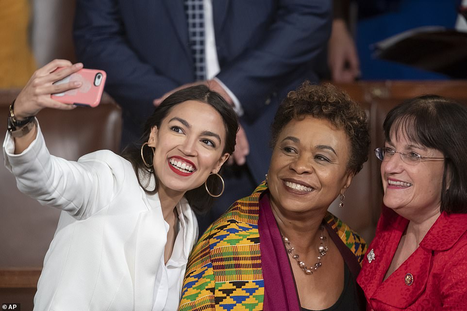Selfie time: Alexandria Ocasio-Cortez, the freshman Democrat representing New York's 14th Congressional District, takes a selfie with Barbara Lee, from California and Ann McLane Kuster, from New Hampshire