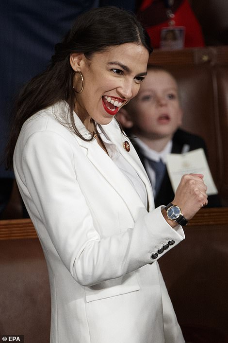 Rebellion planned: Alexandria Ocasio-Cortez was following her upbeat entrance to the House by voting against Nancy Pelosi's rules package which will stop unfunded spending